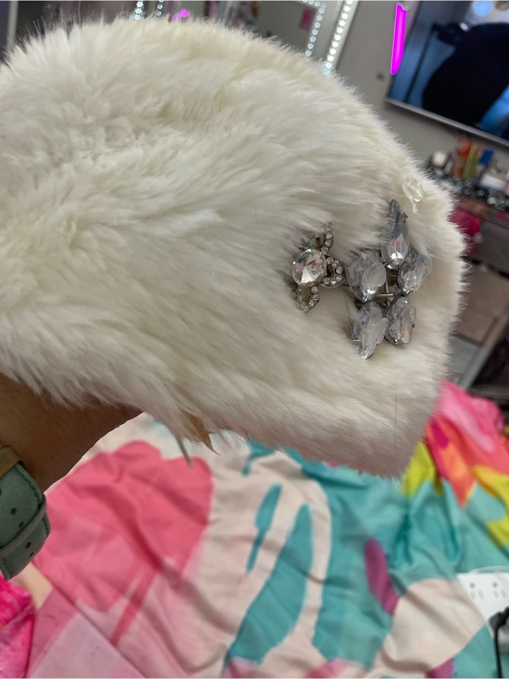 Ashro White Faux Fur Ear Warmer with Crystal Cluster